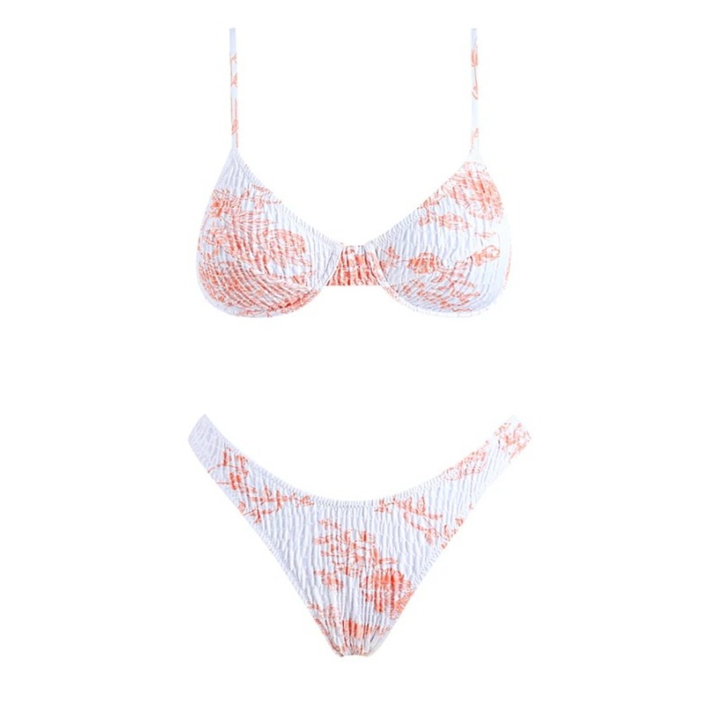 Volafa‎ Women's Triangle Bikini Smocked White with orange floral Small NEW
